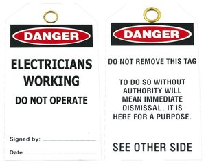 Frontpage: Danger – Electricians working - White Tags Pkt 25