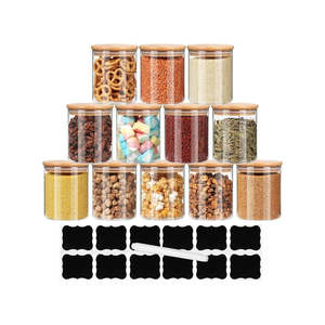 Kitchen Storage: Set Of 12 230ml Glass Storage Jars with Bamboo Lids and Labels