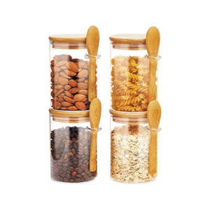 Set Of 4 500ML Glass Storage Jars with Bamboo Lids and Spoon