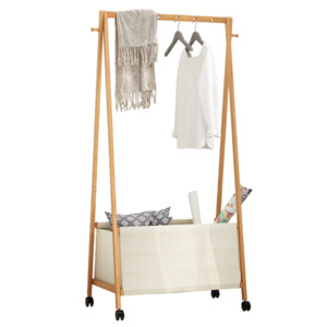 Laundry Baskets Hamper: Bamboo Garment Rack Coat Clothes Hanging with Canvas Storage