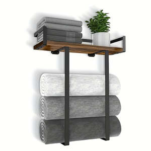 Wall Mounted Towel Rack with Wood Shelf