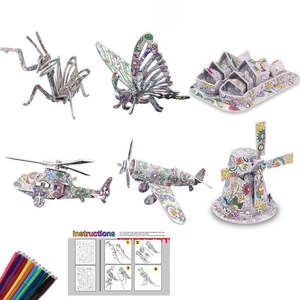 3D Coloring Puzzle Set 6Pack Puzzles with 24 Pen Markers-TypeA