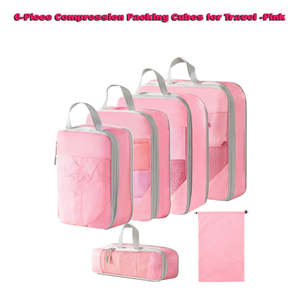 6pcs Compression Packing Cubes Travel Luggage Organizer Set - Pink