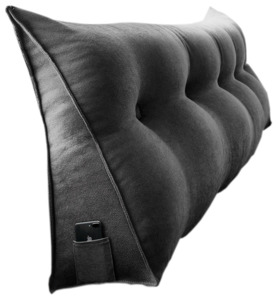 120CM Cotton Linen Filled Triangular Wedge Bed Cushion-Black Gray
