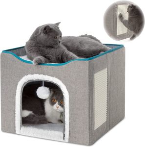 Cat Tree Toy: Cat Cave for Pet Cat House with Hanging Ball and Scratch Pad-Gray