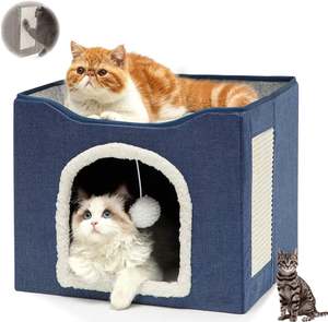 Cat Cave for Pet Cat House with Hanging Ball and Scratch Pad-Blue