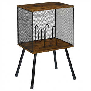 Side Coffee Table: Retro Mesh Record Stand with 4 Reinforced Metal Legs Small Cabinet for Vinyls
