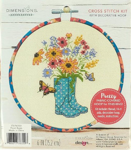 Products: Dimensions Floral Boots counted cross stitch Kit - 6" diameter with hoop, threads & 14 Ct. Ivory Aida