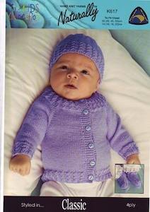 Booties: K617 Cardigan worked from neck down, Hat & Booties