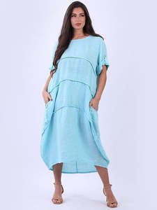 Lilliano: LILLIANO - Made In Italy Plain Front Pleated Side Pockets Linen Button Dress