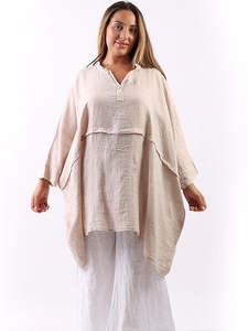 LILLIANO - Made In Italy Plain Linen Plus Size Batwing Lagenlook Top
