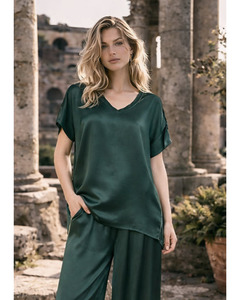 LILLIANO - Italian V Neck Satin Top (Green)