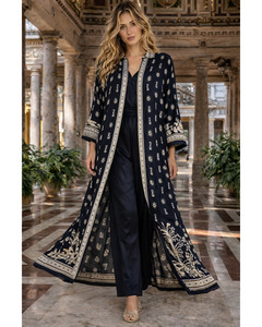 LILLIANO - Italian Silk/Viscose Baroque Print Long Shirt Dress Jacket (Black)