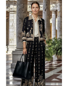 Lilliano - Italian Silk/Viscose baroque Print Zip Jacket (Black Cream) OS