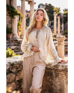 LILLIANO - Italian Silk/Viscose Pleat Sleeve Top (Beige)