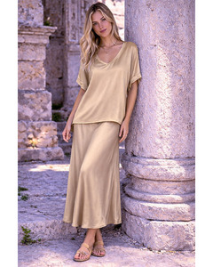 LILLIANO - Italian V Neck Satin Top (Beige Gold)