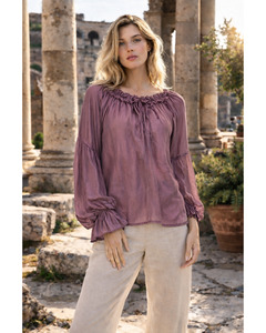 LILLIANO - Italian Silk/Viscose Pleat Sleeve Top (Burgundy)