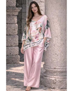 Lilliano: LILLIANO - Italian Silk/Satin Landscape Print Top (Pink) OS