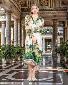Lilliano - Italian Floral Tropical V-Neck Dress (Beige) OS