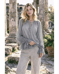 LILLIANO - Italian Silk/Viscose Pleat Sleeve Top (Grey)