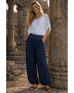 Lilliano: Lilliano -  Silk and viscose pant - Gathered hem and loose fit .  (Navy)