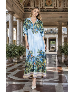 Lilliano: LILLIANO - Italian Silk Satin Floral Print Dress (Blue)