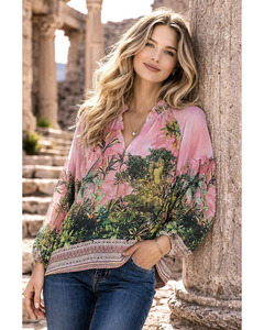 Blouses: LILLIANO - Italian Viscose Silk Bell Sleeve Top (Pink)