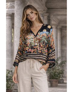 LILLIANO - Italian Silk /Viscose Village scene Top (Black)