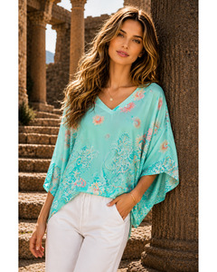 LILLIANO - Italian Paisley Print Silk/ViscoseTop (Sea)