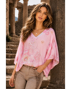 LILLIANO - Italian Paisley Print Silk/ViscoseTop (Pink)