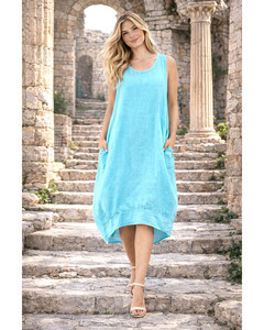 LILLIANO - Made In Italy Plain Linen Lagenlook Quirky Sleeveless Dress