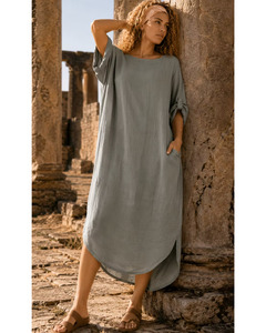 Linen Collection: LILLIANO - Plus Size Made Plain Linen Lagenlook Dress (Khaki)