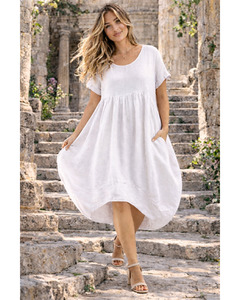 LILLIANO - Plain Linen Quirky Lagenlook Midi Swing Dress (White)
