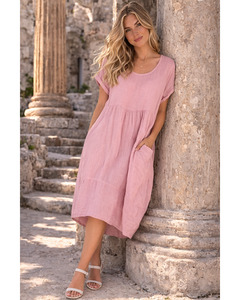 LILLIANO - Plain Linen Quirky Lagenlook Midi Swing Dress (Pink)