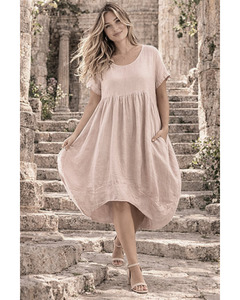 LILLIANO - Plain Linen Quirky Lagenlook Midi Swing Dress (Beige)