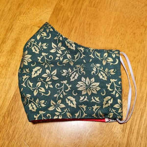 Face Masks: Christmas Face Masks 100% Cotton | Green w/ Gold Poinsettia