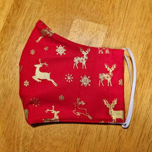Face Masks: Christmas Face Masks 100% Cotton | Red w/ Gold Reindeer