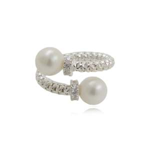 Freshwater Pearls: Sterling Silver Pearl & Crystal Crossover Ring