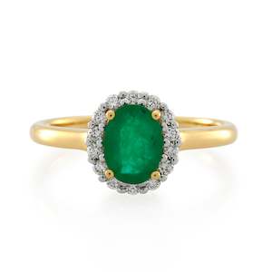 18ct Yellow Gold natural Emerald & Diamond Cluster Ring