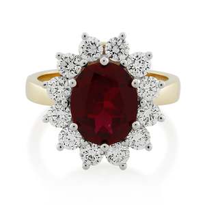 Made To Order: 9ct Yellow Gold Created Ruby & Diamond Cluster Ring 1.20ct TW
