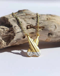 Crossed Huia Feather Necklace - Gold