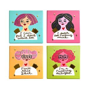 Pink: Grumpy Angel Deluxe Ceramic Coaster Set (4pc)