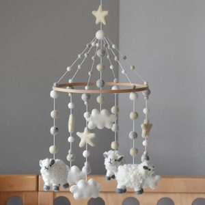 Baby Mobiles: Handmade NZ Wool Baby Mobile - Sheep Dreams Neutral