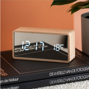Silver Mirror USB Alarm Clock - Light Wood