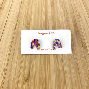 Open Arch Stud Earrings - Blue Glitter