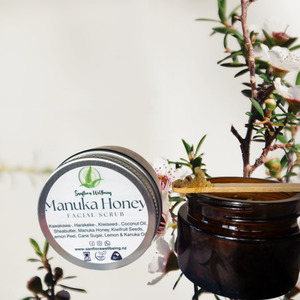 Products: Manuka Honey Facial Scrub for gentle exfoliation Sanflora Wellbeing