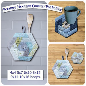 Products: In the hoop Scrappy Hexagon Coasters and Potholders - Kreative Kiwi Embroidery Designs