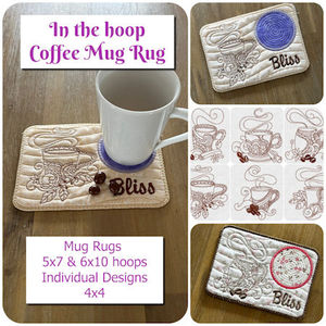 Products: In the hoop Coffee Mug Rug - Kreative Kiwi Embroidery Designs