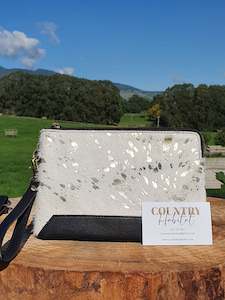 The Detroit - White & Gold with Black Cowhide Clutch