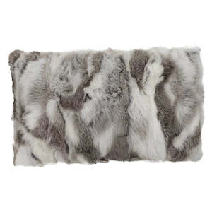 Hide And Fur Cushions: Rabbit Fur Pillow - Grey White Lumbar